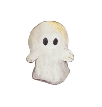 Cute watercolor halloween ghost. In a suit of a ghost from a sheet. For all saints' day product design.