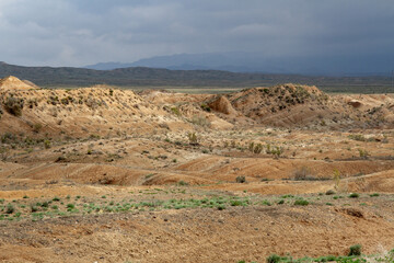 Clay-chalk hills of Kazakhstan with sparse vegetation.