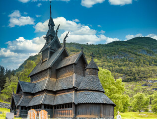Fototapeta na wymiar The magnificent Borgund Stave Church, Laerdal, Vestland, Norway. Built around 1200 AD with wooden boards on a basilica plan.