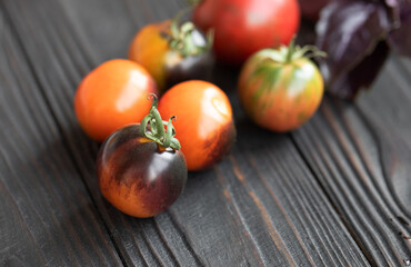 Fototapeta na wymiar Fresh tomatoes on wooden background.