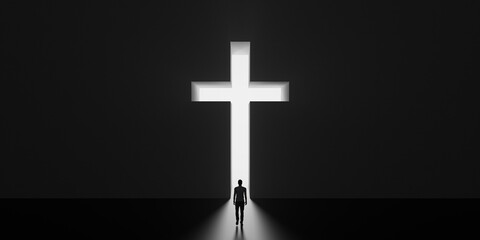 God is our only salvation. Man getting out of dark room trough Christian cross. Religion concept 3D render 3D illustration