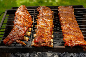 Crispy and Juicy BBQ pork ribs on Grill. Gourmet barbecue. Grilling, Smoking, Baking and Roasting process.