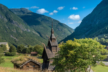 Fototapeta na wymiar The magnificent Borgund Stave Church, Laerdal, Vestland, Norway. Built around 1200 AD with wooden boards on a basilica plan.