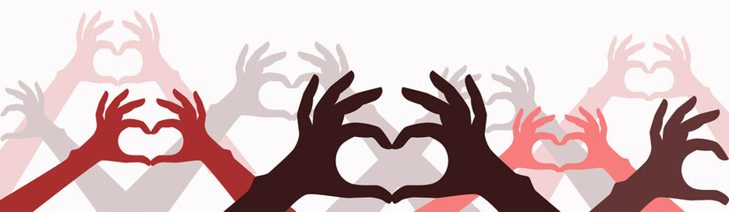 The hands of people of different races are folded in the shape of a heart. Multi ethnicity web banner flat design vector illustration.