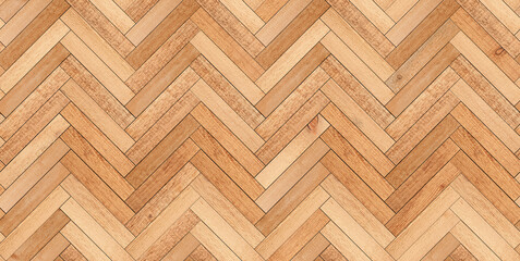 Light wooden boards texture background. Brown seamless parquet floor with herringbone pattern made of narrow planks. - 375474120