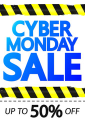 Cyber Monday Sale, up to 50% off, poster design template, clearance season offer, vector illustration