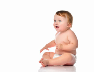 child baby toddler sitting crawling backwards happy smiling on a white background
