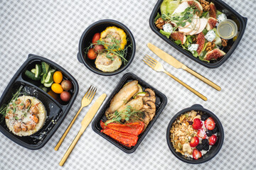 Sat of take away boxes with healthy food on the table. Restaurant dishes. Flat lay