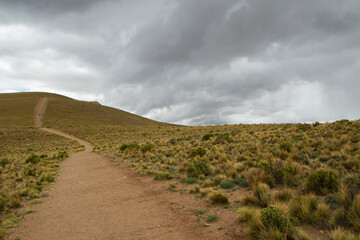 Hiking. The dirt path along the hill and yellow grassland under a cloudy sky.	