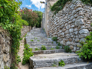 Fototapeta na wymiar Narrow street with stone buildings, green plant and stairs in Dubrovnik, Croatia