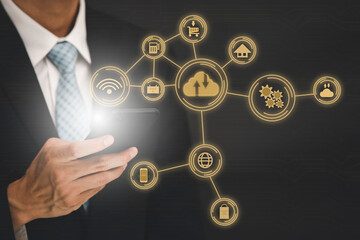 Businessman touch mobile open line graph Screen Icon of a media screen on the black background ,Technology Process System Business concept
