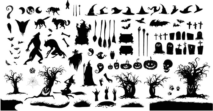Happy Halloween Magic collection, witch, wizard attributes, creepy and spooky elements for halloween decorations, doodle silhouettes, sketch, icon, sticker. Hand drawn vector illustration.