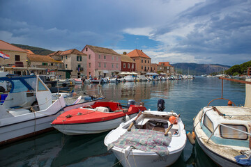 Stari grad/Croatia-August 5th,2020: Beautiful town of Stari Grad on the Hvar island by the clear, blue adriatic sea located at the end of long, narrow bay used as port and shelter for sailors