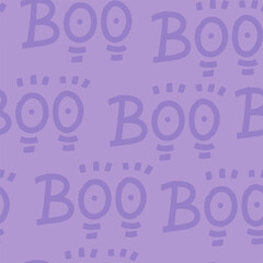 Seamless pattern with handwritten text - Boo. Lettering repeating doodle texture for halloween. Violet creative vector background. Cute spooky concept.