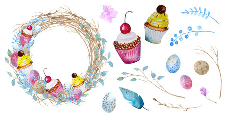 Watercolor set of Easter wreath with Easter eggs, cupcakes, feathers, spring twigs and pink flowers on a white background. Doodle decorative frame from easter eggs and floral elements.