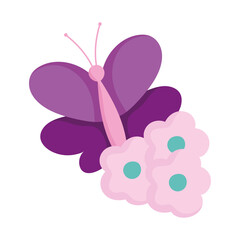 purple butterfly and flowers decoration isolated icon white background