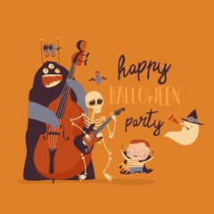 Crazy music party with band of cartoon Halloween characters