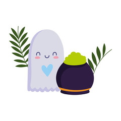 happy halloween, cute ghost with cauldron, trick or treat party celebration