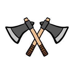 Crossed axes icon. Side view. Colored contour silhouette. Vector flat graphic hand drawn illustration. The isolated object on a white background. Isolate.