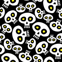 White different skulls with yellow eyes isolated on black background. Cute cheerful festive seamless pattern. Vector flat graphic hand drawn illustration. Texture.