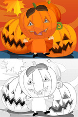Fototapeta premium Cartoon halloween scene with sketch illustration