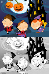 Cartoon halloween scene with sketch illustration