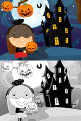 Cartoon halloween scene with sketch illustration