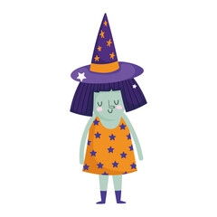 happy halloween, little witch with starry dress and hat, trick or treat celebration