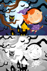 Cartoon halloween scene with sketch illustration