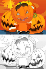 Cartoon halloween scene with sketch illustration