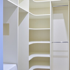 Modern dressing room, close-up. Built-in furniture in the pantry
