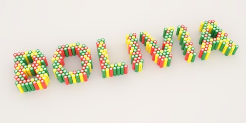 BOLIVIA text made with many batteries. Electrical technologies related 3d rendering