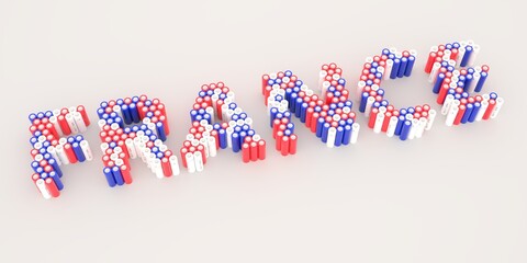 FRANCE text made with many batteries. Electrical technologies related 3d rendering