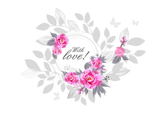 Obraz na płótnie Canvas Beautiful floral frame with pink flowers. With love. Vector illustration