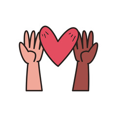 heart on black and white hands line and fill style icon vector design