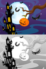 Cartoon halloween scene with sketch illustration