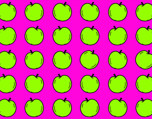 Green Apple repetition pattern over pink background. Fashion, meals and decorative concept