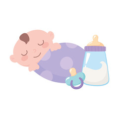 baby shower, little boy in blanket with bottle milk and pacifier, celebration welcome newborn