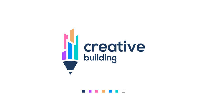 Creative building logo design vector template, modern logo concept pencil and building.