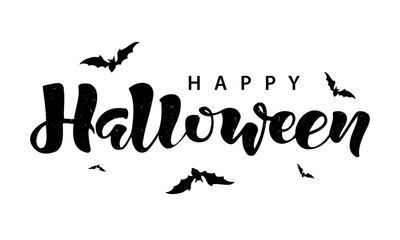 Happy Halloween hand drawn lettering with bat. Isolated vector illustration. Design   for banner, poster, greeting card, party invitation. 