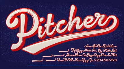 Deurstickers Pitcher script alphabet: A baseball style two-color logo font. © Mysterylab