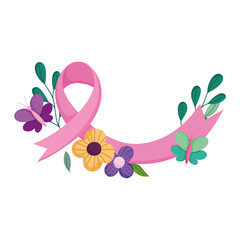 breast cancer awareness month pink ribbon flowers leaves decoration