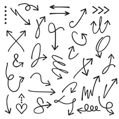 Black curvy and odd shape hand drawn direction arrows and pointers set on white background