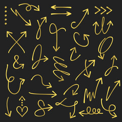 Golden curvy and odd shape hand drawn direction arrows and pointers set on black background