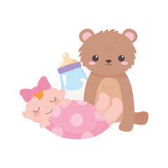 baby shower, teddy bear little girl and bottle milk, celebration welcome newborn