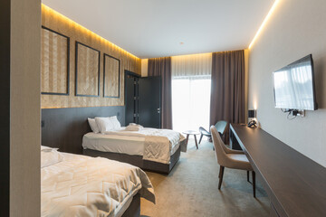 Interior of a luxury hotel bedroom in mountain hotel resort