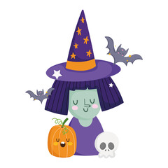 happy halloween, witch with hat pumpkin skull and bats, trick or treat party celebration
