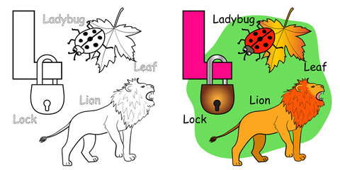 English alphabet coloring book page for children. Letter L is for Lion, Leaf, Ladybug, Lock. Vector illustration.