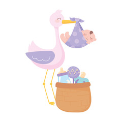 baby shower, stork with little boy in blanket with basket rattle and pacifier, celebration welcome newborn