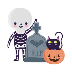 happy halloween, boy skeleton costume tombstone and cat inside pumpkin, trick or treat party celebration